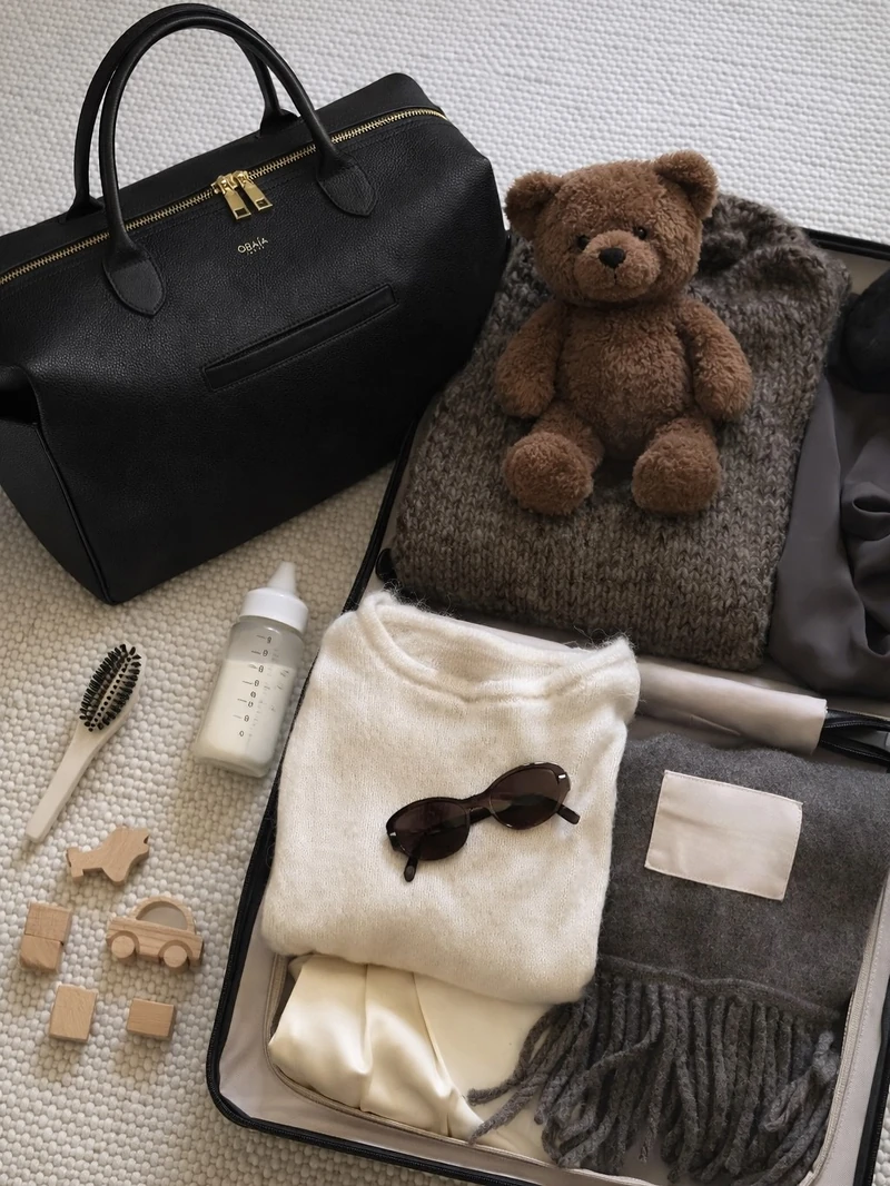 Sac ALBA noir ouvert, préparé avec biberon, doudou et affaires de bébé